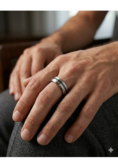 Erkek Siyah Çizgi Detay Gümüş Renk 6 Mm Tungsten Yüzük Gümüş - Siyah