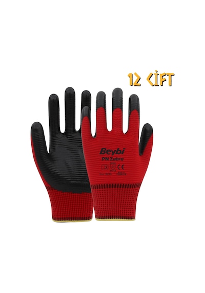 Beybi Polyester Nitril İş Eldiveni PN5 Zebra No: 10 Kırmızı 12 Çift
