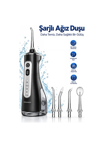 Exenar - Siyah - Şarjlı Ağız Duşu Diş Banyosu Cihazı Diş Arası Su Püskürtmeli Diş Teli İmplant Temizleme Aleti Ipx7
