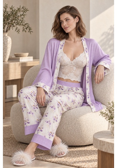 Loule Kadın Lila Dantel Braletli Sabahlıklı Saten Pijama Takımı