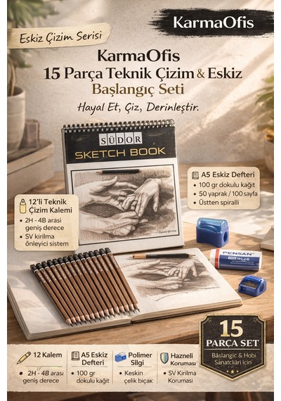 15 Parça Teknik Çizim Ve Eskiz Başlangıç Seti A5 Defter 12 Kalem Silgi Kalemtıraş