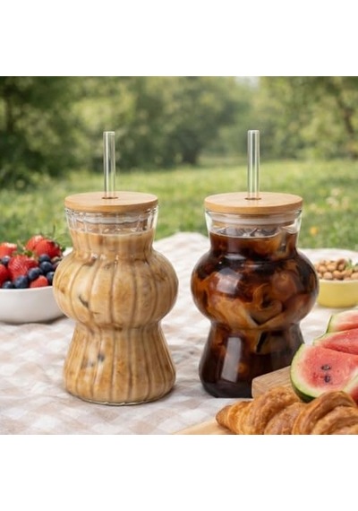 İkili Cam Soğuk Kahve Bardağı 2 Li Set Bambu Kapaklı Ve Cam Pipetli, 350 Ml Estetik Tasarım, Iced Coffee & Smoothie Bardağı 13 Cm Aeropress
