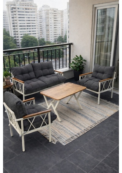 Ard & Garden Miray Krem 211 Masalı Antrasit Fermuarlı Düğmeli Bahçe Oturma Grubu Balkon Oturma Takımı Salon Teras Antrasit