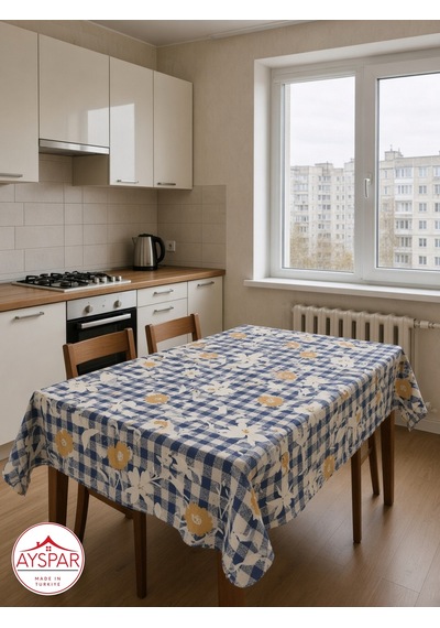 Masa Örtüsü 150x170 Cm Mavi Kareli Çiçekli Beyaz