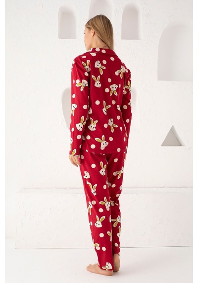 Siyah İnci Bordo Pamuklu Düğmeli Pijama Takım