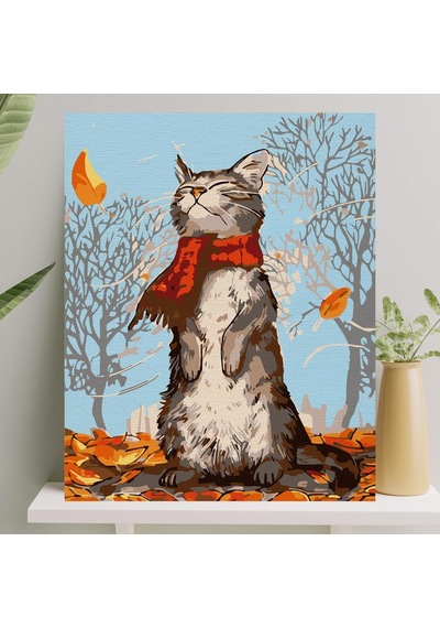 Palmiye Hobi Sanat Sayılarla Boyama Tuval Seti Fırça Boya Dahil Çıtalı 40x50 Cm - Kedi Ve Sonbahar
