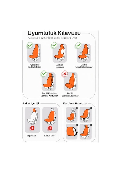 Oto Koltuk Kılıfı Tay Tüyü 2'li Ön Minder Terletmez Kaymaz Airbag Uyumlu - Siyah Bej