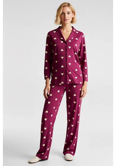 Benerly Kadın Gömlek Yaka Standart Kol Regular Kalıp Pijama Takımı Fonksi Koyu Vişne