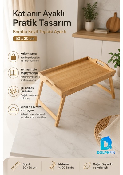 Katlanabilir Bambu Keyif Tepsisi 50x30 Cm Ayaklı Kahvaltı Servis Tepsisi Yatak Sehpası