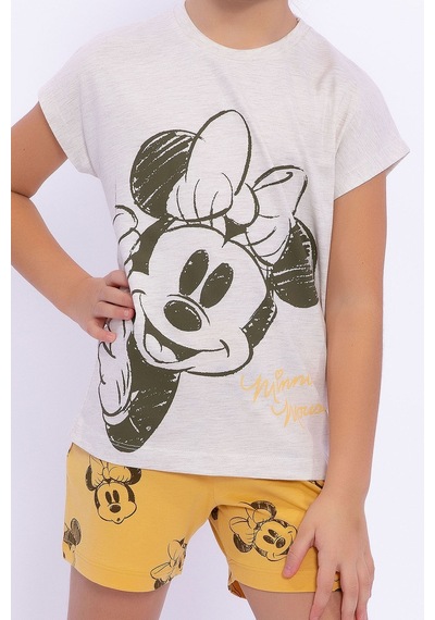 Minnie Mouse Lisanslı Kremmelanj Kız Çocuk Şort Takım 5274-28944 Bej Melanj