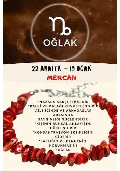 Gümüştel El Sanatları Sertifikalı Burç Taşı Oğlak Burcu Mercan Taşı Bileklik Kırmızı