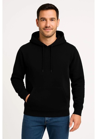 Mbb E-ticaret Erkek 3 İplik Pamuklu Kapüşonlu Kanguru Cepli Sweatshirt Hoodie - Siyah