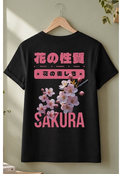 Spoyi Sakura Bloom Tasarımlı %100 Pamuk Yarım Oversize Siyah T-shirt