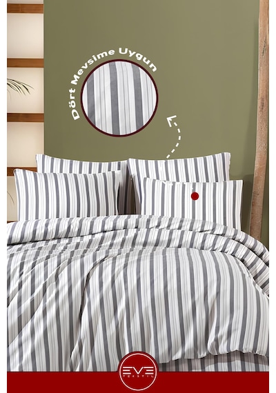 Saten Çizgili Çift Kişilik Lüks Nevresim Takımı Set 200x200 Cm Gri