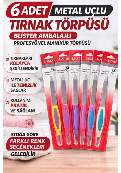 6 Adet Metal Uçlu Tırnak Törpüsü Blister Ambalajlı Profesyonel Manikür Törpüsü Seti
