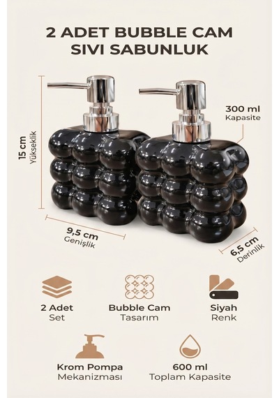 Buççin Online Mağaza 2 Adet Bubble Cam Sıvı Sabunluk, 300 Ml + 300 Ml - Siyah, 9,5x6,5x15 Cm Cam Siyah Çok Renkli