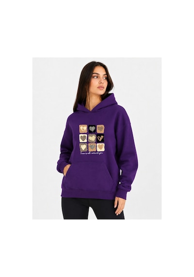 Herkesemoda Küçük Leopar Kalpler Baskılı Kapüşonlu 2 İplik Şardonlu Sweatshirt Mor