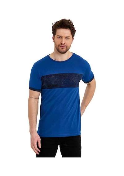 Bisiklet Yaka Kısa Kollu Desenli Penye Erkek Tshirt İndigo