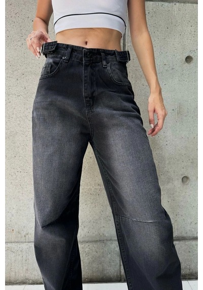 Siyah Premium Ayarlanabilir Yan Kemer Tokalı Baggy Jeans Siyah Yıkamalı