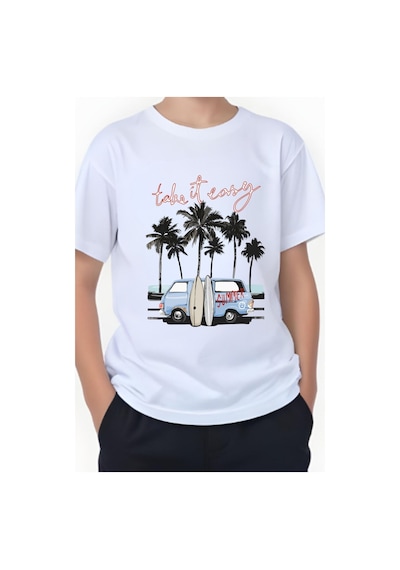 Panios Kids Summer Van Baskılı Erkek Çocuk Yuvarlak Yaka Kısa Kollu T-shirt Beyaz