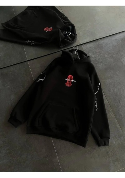 Kadın Kapüşonlu Kanguru Cepli Sweatshirt 3 İplik Pamuklu Baskılı Hoodie - Siyah