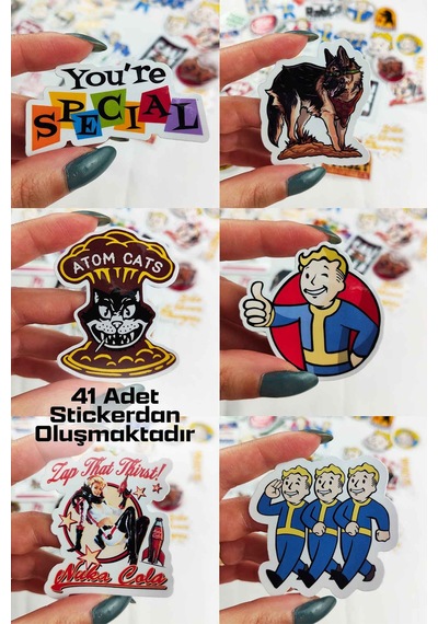 Fallout Serisi Mega Sticker Paketi 41 Parça Yapışkanlı Suya Dayanıklı Etiket Seti Çok Renkli