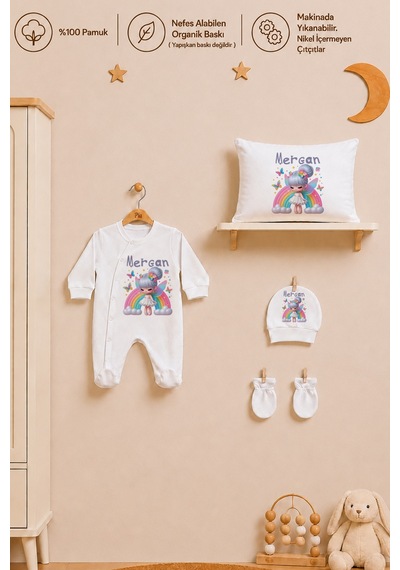 Pia Baby İsme Özel %100 Pamuk Kız Bebek Yastık Battaniyeli Tulum Set Kese Hediyeli 1084tybkyx Krem