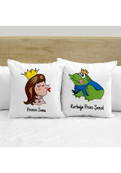 Kişiye Özel İkili Isimli Prenses & Kurbağa Prens Beyaz Yastık Kıl