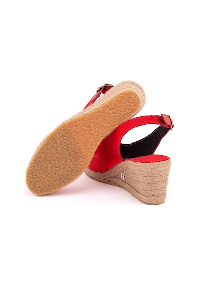 Gerçek Elişi Burnu Açık Arkası Bantlı Dolgu Topuk Kırmızı Keten Hasır Espadril Handmade Kırmızı