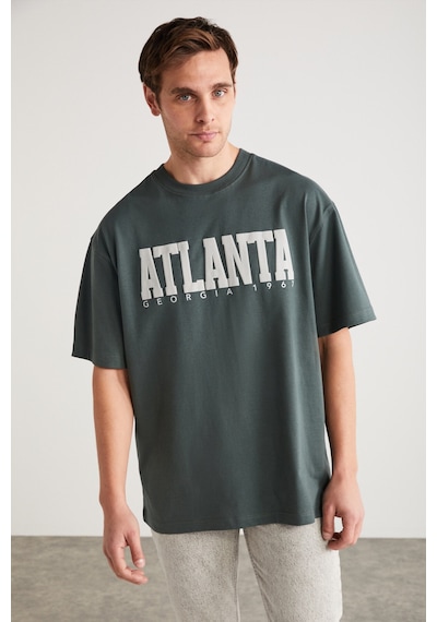 Grimelange ATLANTA Erkek %100 Pamuklu Kısa Kollu Baskı Detaylı Yeşil T-Shirt