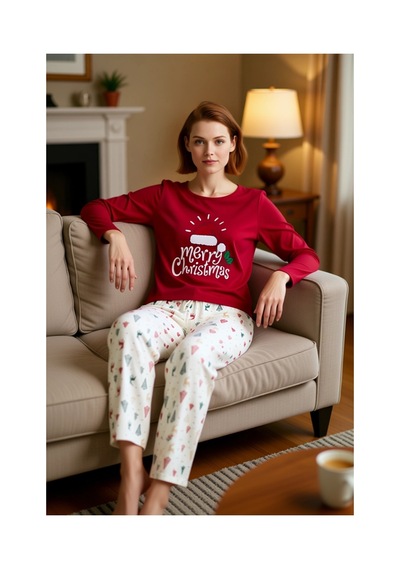 Ersefa Kadin Kirmizi Yılbaşı Desenli Pamuk Polyester Pijama Fonksiyonel Kırmızı