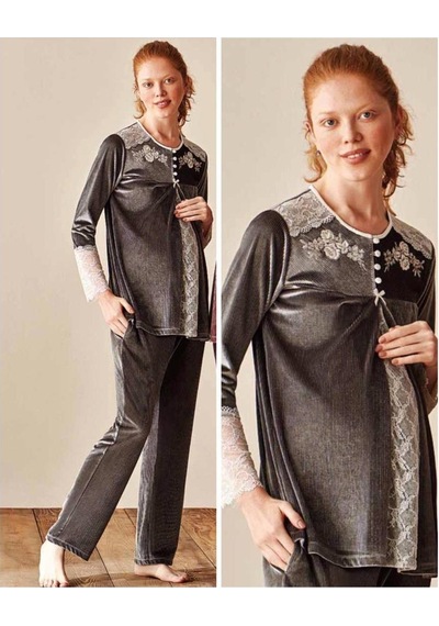 Feyza 3922 Gri Kadife Hamile Lohusa Pijama Takımı
