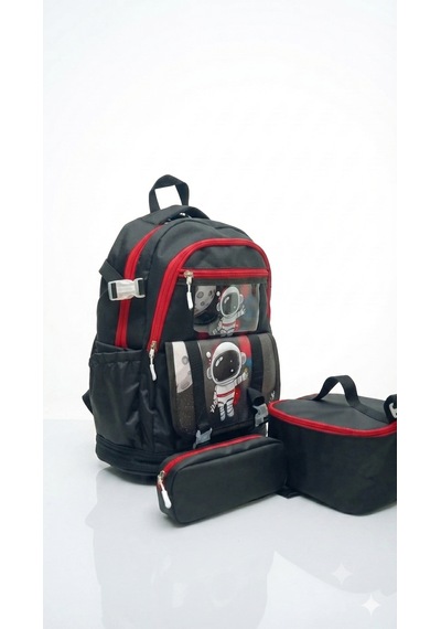 İlkokul 3 Lü Set Karekter Desenli Laptop Bölmeli Kalemlik,beslenme Çantalı Erkek Çocuk Okul Sırt Çantası 41 27 17 Cm siyah