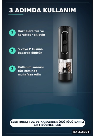 Elektrikli Tuz Ve Karabiber Öğütücü Şarjlı Çift Bölmeli Led Işıklı Mutfak Değirmeni Bx-316391 Diğer