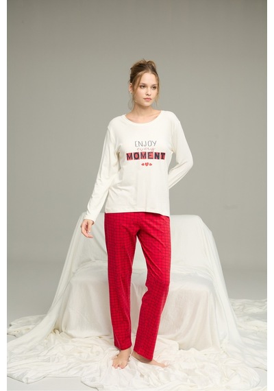 Siyah İnci Örme Pamuklu Pijama Takım25240207 Ekru