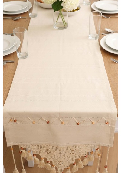 Dantel İşlemeli Boncuklu Runner 50x130 Cm Krem