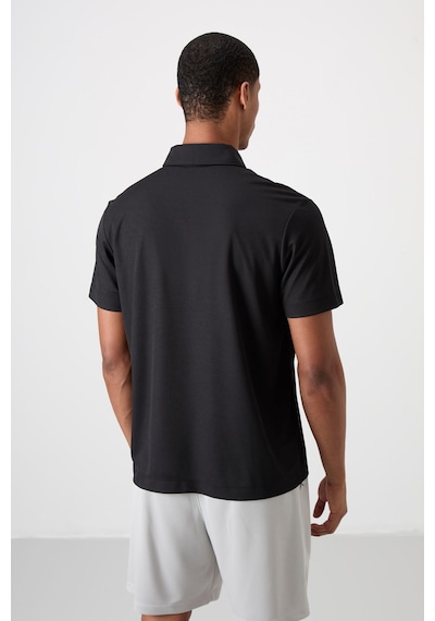 Siyah Polyester Nefes Alan Dokulu İnce Esnek Standart Fit Polo Yaka Erkek Performans T-shirt - 8839 Siyah