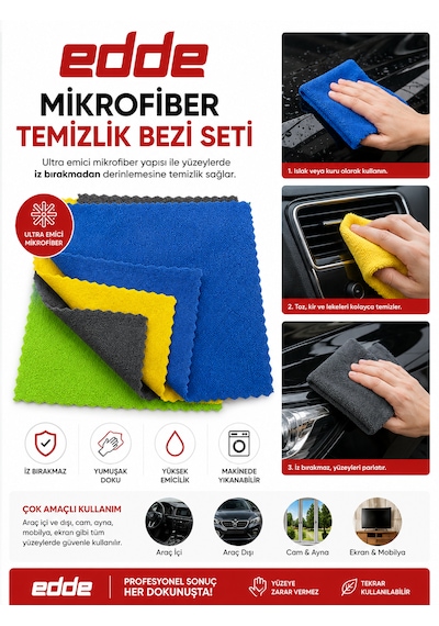 Edde Araba Araç Oto Mikrofiber 4'lü Dürüm Bez 30x30cm Oto Ve Ev Bezleri