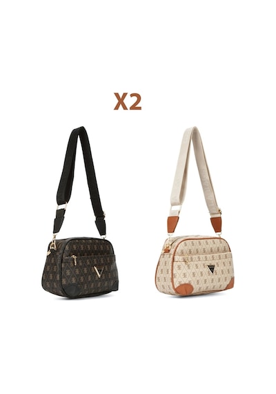Newish Polo Kadın Monogram Desenli Uzun Askılı Çapraz Omuz Çantası 2 Adet - New361 Kahverengi - Taba
