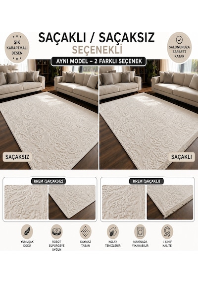 Rölyef Saçaklı Krem Joy Modern Yumuşak Dokulu Kabartmalı Kaymaz Taban Kesme Halı Yolluk Krem1