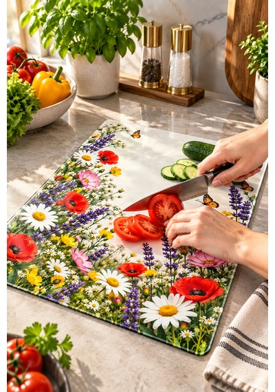 Gökçeoğlu Cam Kesme Tahtası Çiçek Bahçesi Temalı - Cam Kesme Tablası 30cm X 40cm Çok Renkli