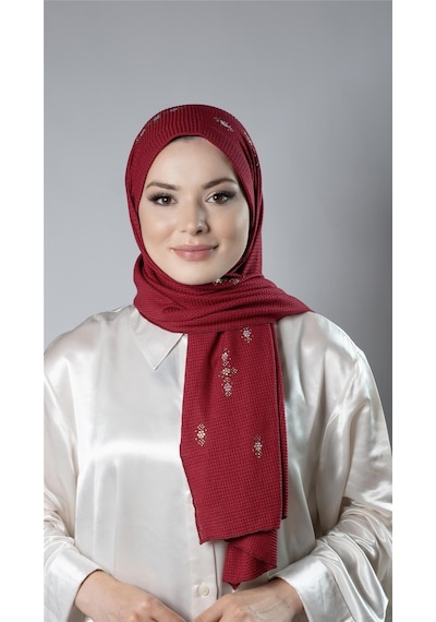Hürrem Bone Bordo Pratik Hazır Geçmeli Tesettür Şal Örme Kumaş Taşlı Çiçek Desenli 2118c 16
