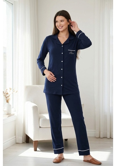 Aura Collections Kadın Lacivert Pamuklu Boydan Düğmeli Gömlek Yaka Uzun Kol Pijama Takımı