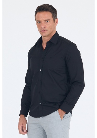 İmza Siyah Uzun Kol Düz Bez Ayağı Sert Yaka Cepsiz Pamuklu Basic Slim Fit Gömlek 1004250057 001 Siyah