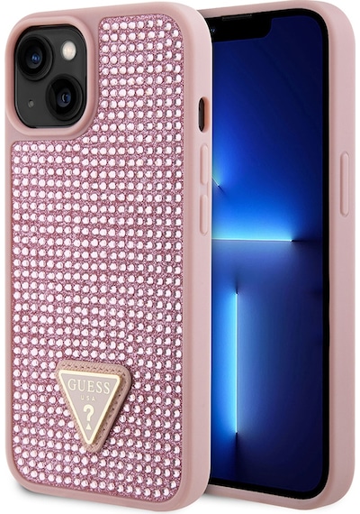 Apple iPhone 14 Uyumlu Kılıf Guess  Lisanslı Taşlı Arka Yüzey Üçgen Logolu Kapak Pembe