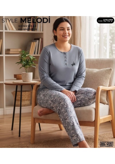Melodi 17177 Uzun Kol %100 Pamuk Battal Büyük Beden Kadın Pijama Takımı Gri