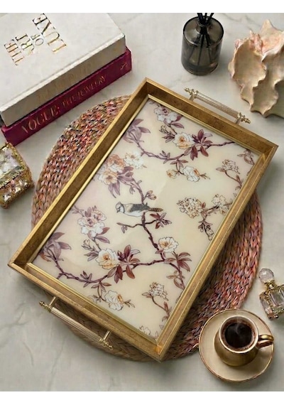 Modern Kuş Figürlü Gold Çerceveli Kulplu Dekoratif Sunum Tepsisi