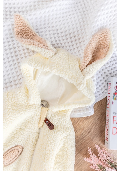 Babymod Tavşan Figürlü Kapüşonlu Welsoft Peluş Kışlık Kız Bebek Tulum Krem