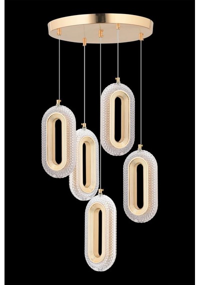 İstanbul Avize Alfa 5'li Gold Ledli Kristal Taşlı Avize Gold