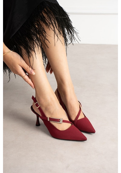 Dabab Shoes Merva Kadın Bordo Saten Sivri Burun Taşlı Toka Detaylı Çapraz Bantlı 7 Cm İnce Topuklu Slingback Abiye Ayakkabı